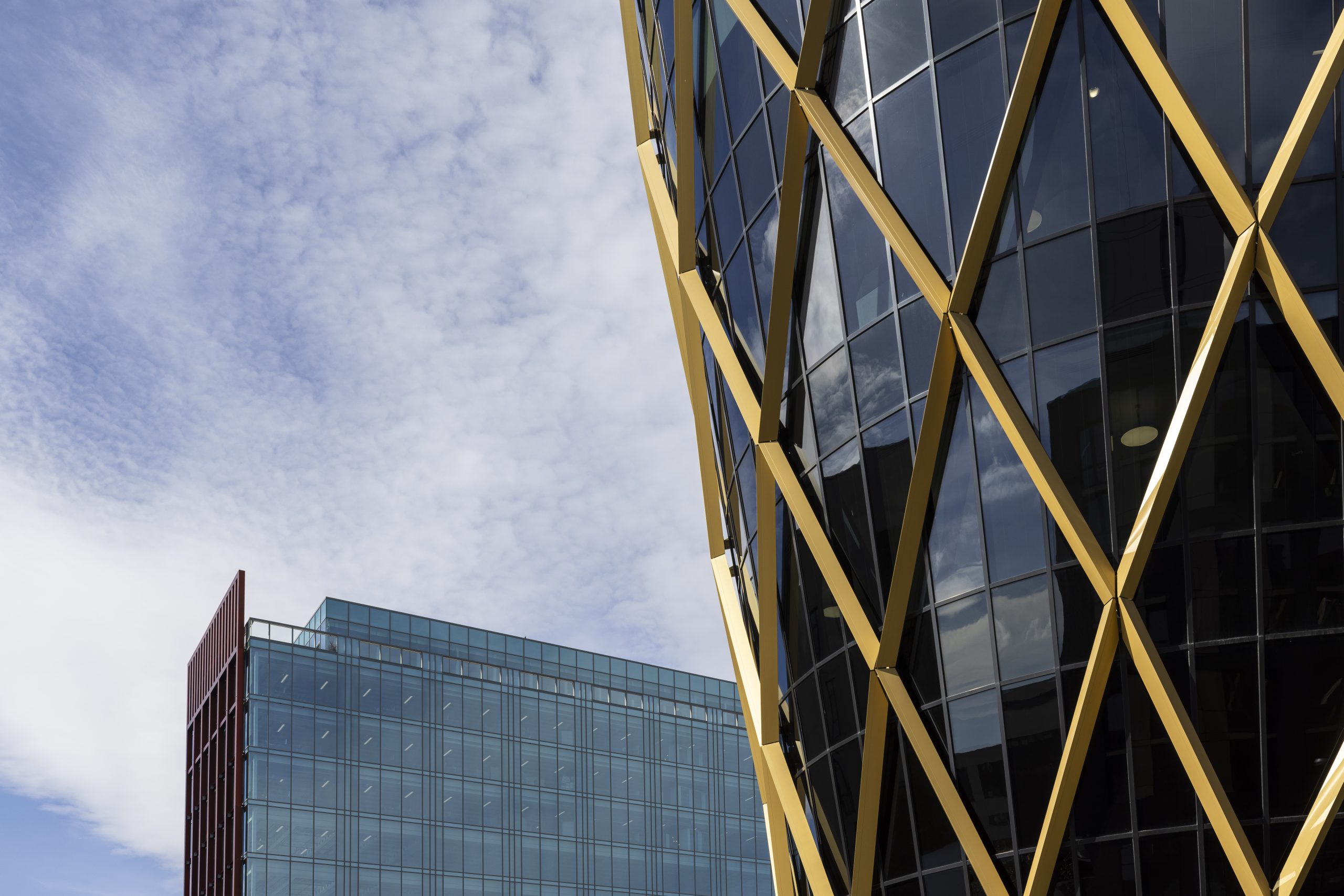 Modern architecture featuring a building with a blue glass façade and another with yellow criss-cross metalwork under a partly cloudy sky.